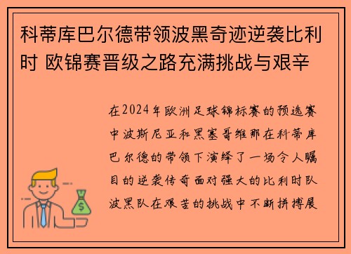 科蒂库巴尔德带领波黑奇迹逆袭比利时 欧锦赛晋级之路充满挑战与艰辛