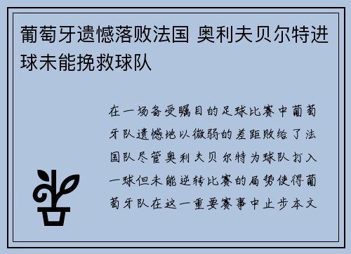 葡萄牙遗憾落败法国 奥利夫贝尔特进球未能挽救球队