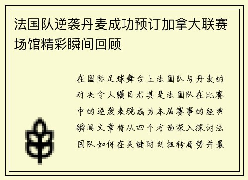 法国队逆袭丹麦成功预订加拿大联赛场馆精彩瞬间回顾