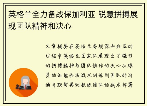 英格兰全力备战保加利亚 锐意拼搏展现团队精神和决心