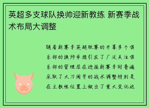 英超多支球队换帅迎新教练 新赛季战术布局大调整