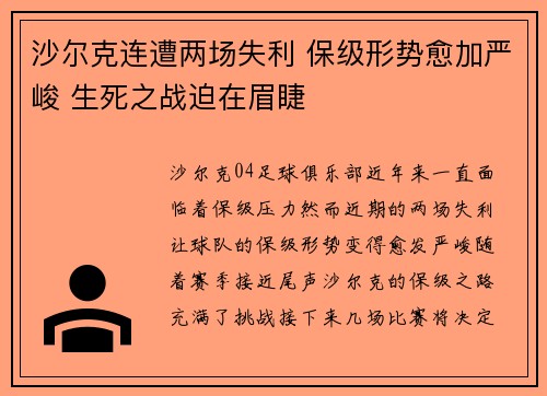 沙尔克连遭两场失利 保级形势愈加严峻 生死之战迫在眉睫