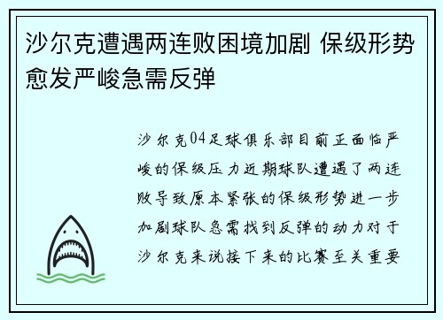 沙尔克遭遇两连败困境加剧 保级形势愈发严峻急需反弹