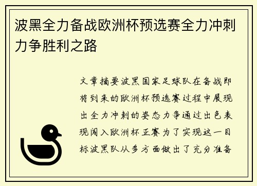 波黑全力备战欧洲杯预选赛全力冲刺力争胜利之路