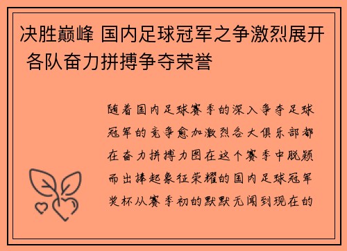 决胜巅峰 国内足球冠军之争激烈展开 各队奋力拼搏争夺荣誉