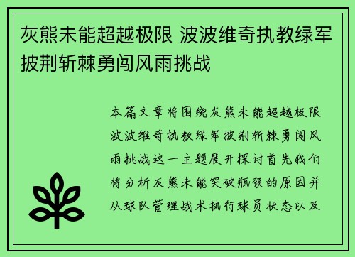 灰熊未能超越极限 波波维奇执教绿军披荆斩棘勇闯风雨挑战