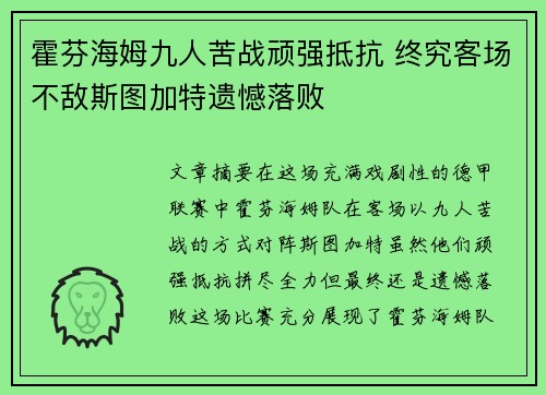 霍芬海姆九人苦战顽强抵抗 终究客场不敌斯图加特遗憾落败