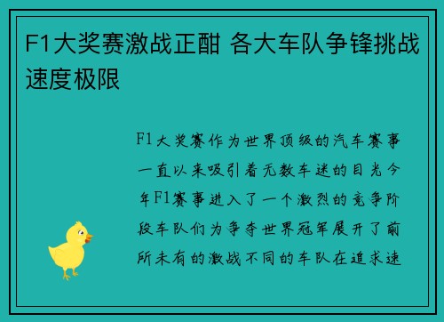 F1大奖赛激战正酣 各大车队争锋挑战速度极限